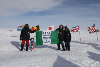 Harding with his son Giles and Prince Ned Nwoko of Nigeria at the South Pole.